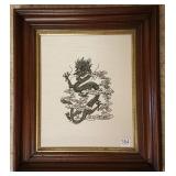 Framed artwork on silk - dragon - 15" x 18" O.D.