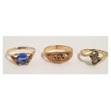 3 - 10k gold rings - one set with diamonds -