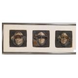 Framed triptych of signed pottery, etc. relief
