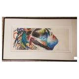 Framed signed 1993 painting - face - 13" x 23"