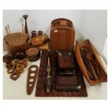 Group of mid-century woodware - desk & kitchen,