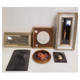 5 framed items - portrait, plaque, shell, etc. &