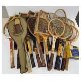 Group vintage, etc. tennis rackets & box of balls