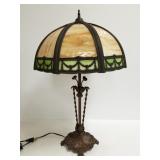 Antique slag glass lamp with clawfoot base 25"