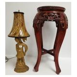 Carved oriental wooden stand 24" tall & metal