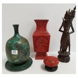 Group of oriental items - cinnabar, bronze, carved