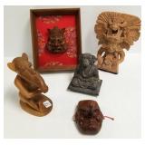 5 carved, etc. figural items including wood, terra