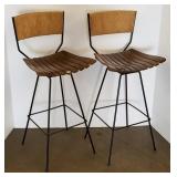 Arthur Umanoff pair of iron & wicker barstools
