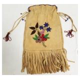 Beaded buckskin fringed bag - 8"W x 15"L