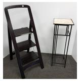 Iron stand with travertine top - 12" x 12" x 36" h