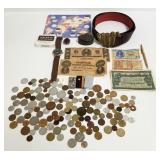 Group of assorted foreign coins, currency, cross