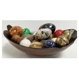 Signed wood bowl with assorted eggs - cloisonne,