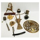 Group of small brass, etc. items - prayer wheel,