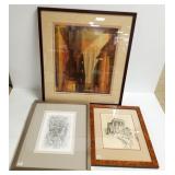 Unsigned original drawing & 2 framed prints -