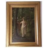 Framed signed oil on canvas - woman in forest -