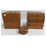 2 designer teak wood canisters (one marked K
