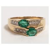 14k gold ring set with 2 emeralds & diamonds-