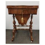 Antique carved game / sewing table with key - 16"