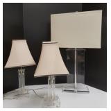 3 lucite lamps with shades - one 29" & two 15"