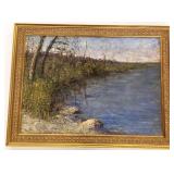 Framed oil painting on canvas - lake scene -
