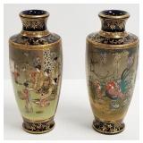 Pair antique satsuma vases - 7" - people & fowl