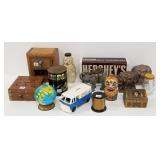 Tin banks, metal, plastic, wood advertising