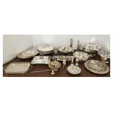 Large group silverplated serving pieces, plates,