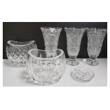 6 signed Waterford cut glass vases, etc. -