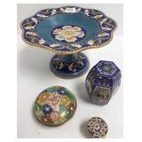 4 cloisonne items - largest is 5" x 8" compote