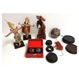 Group Oriental items - carved wood figure, etc.