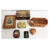 Group assorted boxes - wood, lacquerware - one is
