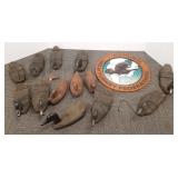 Group of wood & cork duck decoys & parts &