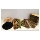 Fur stole, collar & hat with hat box