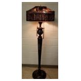 Antique decorated wood floor lamp with shade(as
