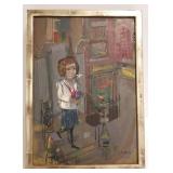 Framed signed oil on board - girl on stairs - 11"