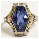 Tested 10k white gold filigree ring set with blue