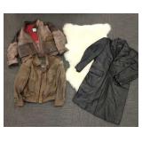 Leather coat, 2 leather jackets & a fleece rug