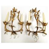 2 gilt iron candle sconces with prisms - 8" x 13"