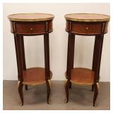 2 round bronze trimmed mahogany 2 tier tables