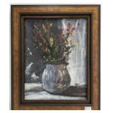 Framed signed oil on board - vase with flowers