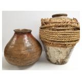 2 large pottery vessels - one with rope trim -