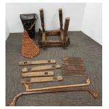 Tribal woven hat, wood tribal bucket, carved wood