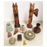 Group Native American motif items, carved totems