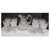 Cut glass 9" pitcher & 8 matching 6" goblets-