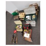 Group of tackle boxes, vintage tackle, poles,