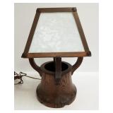 Oak Arts & Crafts style lamp with copper & glass