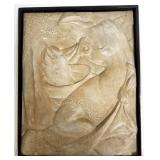 Framed composition plaque of a girl with calf -