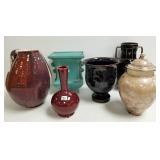 6 assorted pottery vases, etc. some signed -