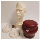 Wood covered container, composition bust & 2 Deco