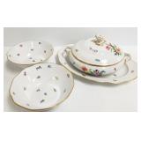 Herend handpainted platter, covered bowl & 2 open